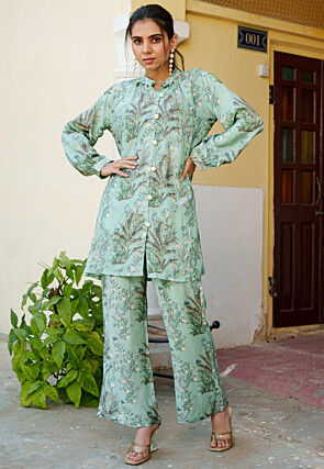 Printed Viscose Muslin Co Ord Set in Sea Green
