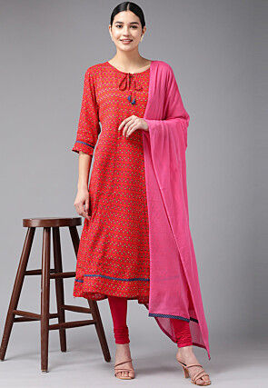 Printed Viscose Rayon A Line Suit in Coral Red