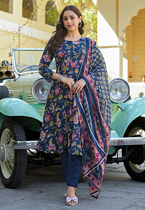 Printed Viscose Rayon A Line Suit in Dark Blue