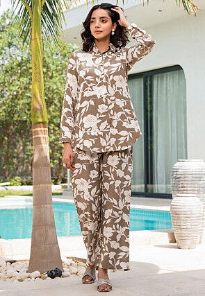 Printed Viscose Rayon Co Ord Set in Fawn