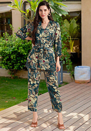 Printed Viscose Rayon Co Ord Set in Teal Blue