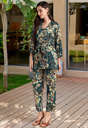 Printed Viscose Rayon Co Ord Set in Teal Blue