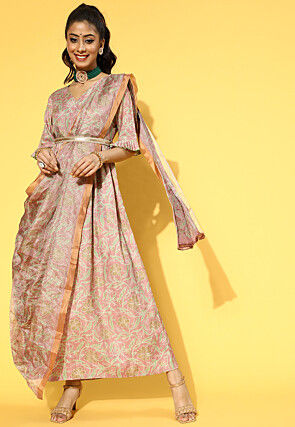 Printed Viscose Rayon Dress with Dupatta in Light Old Rose