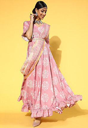 Printed Viscose Rayon Dress with Dupatta in Light Pink