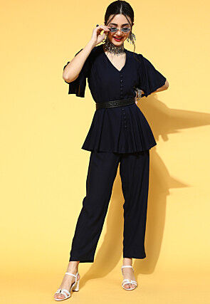 Printed Viscose Rayon  Jumpsuit in Navy Blue
