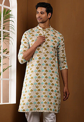 Printed Viscose Rayon Kurta in Cream