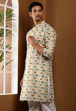Printed Viscose Rayon Kurta in Cream