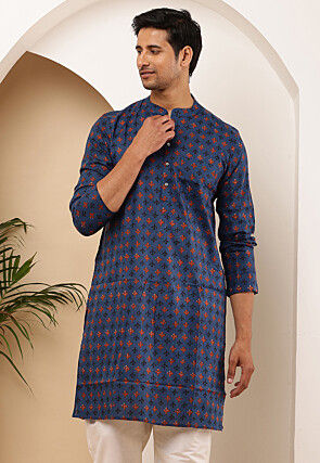 Printed Viscose Rayon Kurta in Dark Blue
