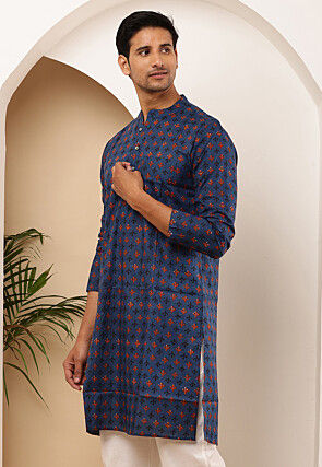Printed Viscose Rayon Kurta in Dark Blue