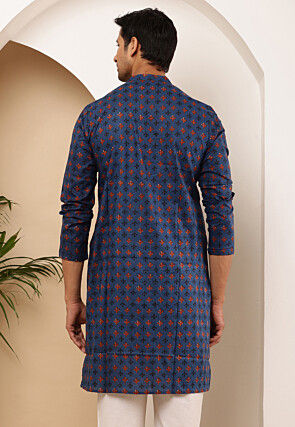 Printed Viscose Rayon Kurta in Dark Blue