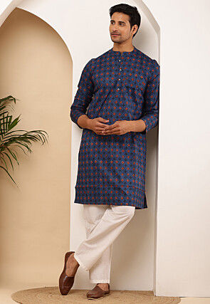 Printed Viscose Rayon Kurta in Dark Blue