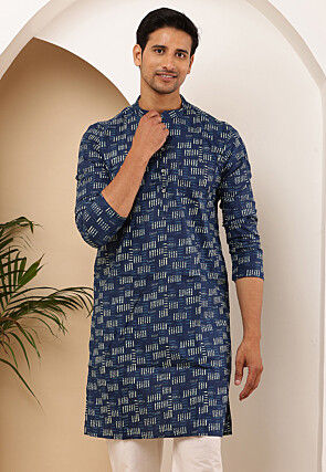 Printed Viscose Rayon Kurta in Navy Blue
