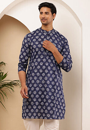 Printed Viscose Rayon Kurta in Navy Blue