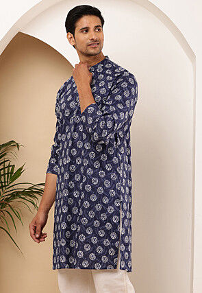 Printed Viscose Rayon Kurta in Navy Blue