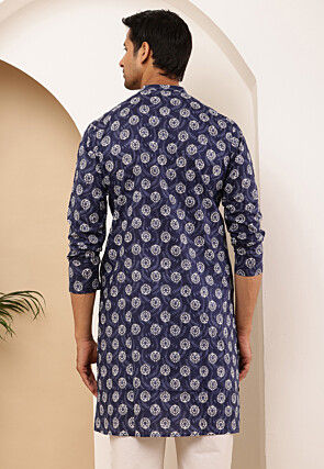 Printed Viscose Rayon Kurta in Navy Blue