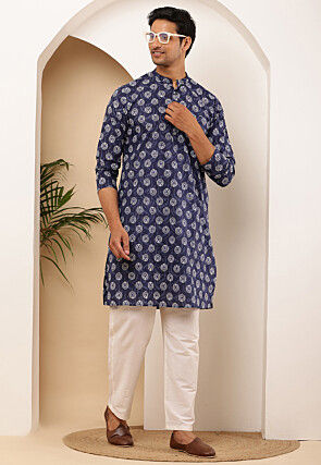 Printed Viscose Rayon Kurta in Navy Blue
