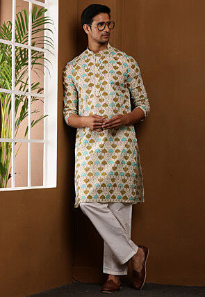 Printed Viscose Rayon Kurta Set in Cream