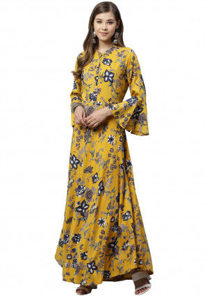 Printed Viscose Rayon Maxi Dress in Mustard