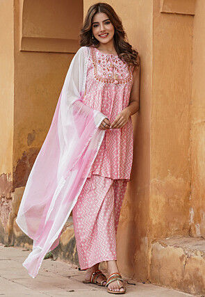Printed Viscose Rayon Pakistani Suit in Baby Pink
