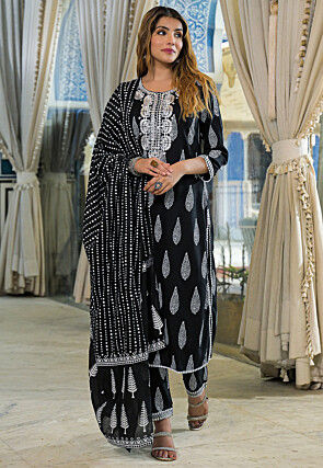 Printed Viscose Rayon Pakistani Suit in Black