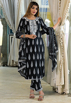 Printed Viscose Rayon Pakistani Suit in Black