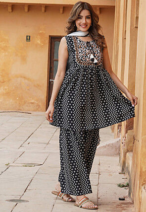 Printed Viscose Rayon Pakistani Suit in Black