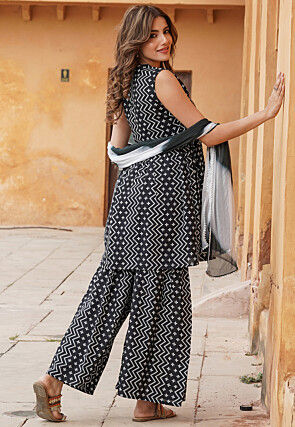 Printed Viscose Rayon Pakistani Suit in Black