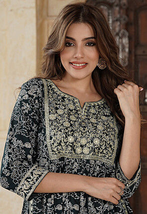 Printed Viscose Rayon Pakistani Suit in Dark Green