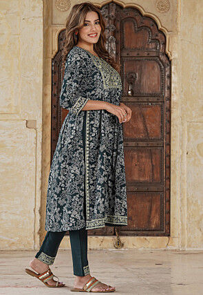 Printed Viscose Rayon Pakistani Suit in Dark Green