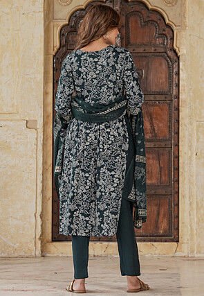 Printed Viscose Rayon Pakistani Suit in Dark Green