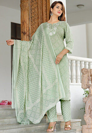 Printed Viscose Rayon Pakistani Suit in Dusty Green