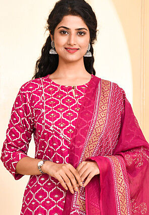Printed Viscose Rayon Pakistani Suit in Fuchsia
