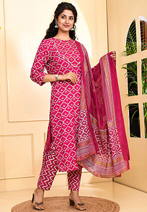 Printed Viscose Rayon Pakistani Suit in Fuchsia