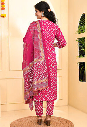 Printed Viscose Rayon Pakistani Suit in Fuchsia