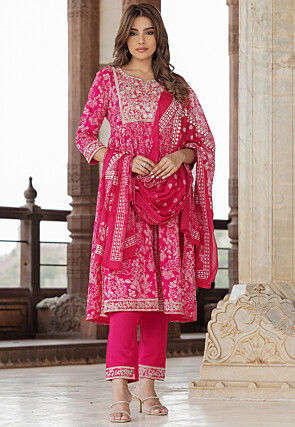 Printed Viscose Rayon Pakistani Suit in Fuchsia