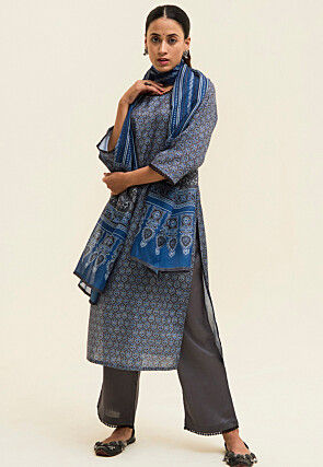 Printed Viscose Rayon Pakistani Suit in Grey