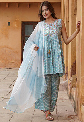 Printed Viscose Rayon Pakistani Suit in Light Blue
