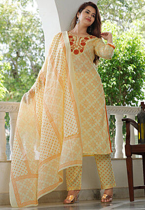 Printed Viscose Rayon Pakistani Suit in Light Yellow