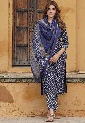 Printed Viscose Rayon Pakistani Suit in Navy Blue