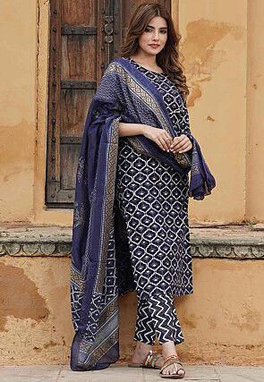 Printed Viscose Rayon Pakistani Suit in Navy Blue