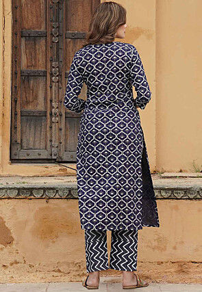Printed Viscose Rayon Pakistani Suit in Navy Blue