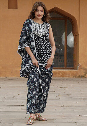 Printed Viscose Rayon Pakistani Suit in Navy Blue