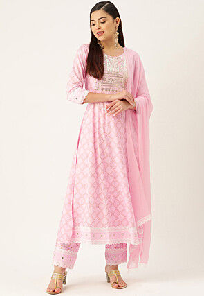 Printed Viscose Rayon Pakistani Suit in Pink