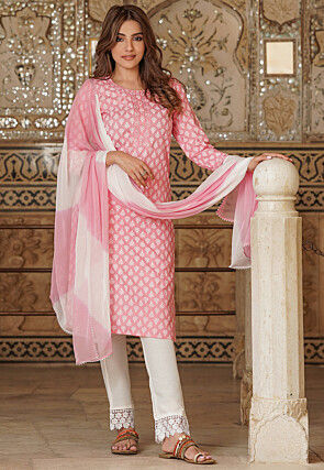 Printed Viscose Rayon Pakistani Suit in Pink