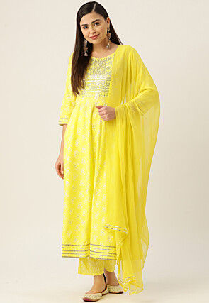 Printed Viscose Rayon Pakistani Suit in Yellow