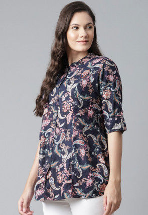 Printed Viscose Rayon Shirt in Dark Blue