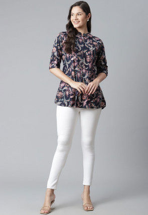 Printed Viscose Rayon Shirt in Dark Blue