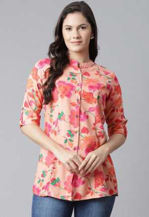 Printed Viscose Rayon Shirt in Peach