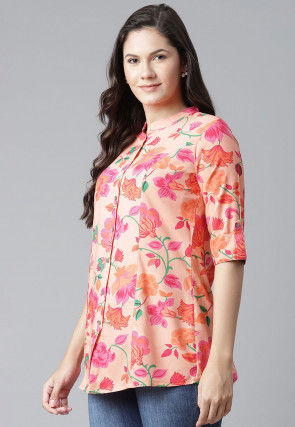 Printed Viscose Rayon Shirt in Peach