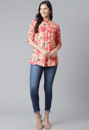 Printed Viscose Rayon Shirt in Peach